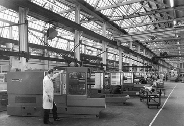 Factory interior, black and white photo